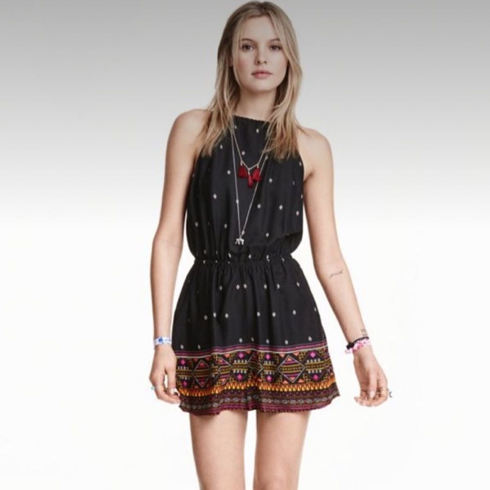 HM + Coachella Black Multi Sleeveless Aztec Print Romper Size 2
